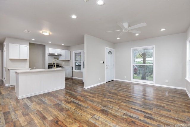 kitchen featuring white cabinetry, an island with sink, and dark wood-type flooring