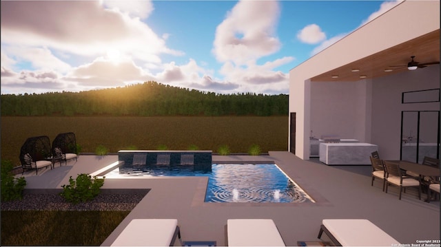 view of pool featuring ceiling fan and a patio area