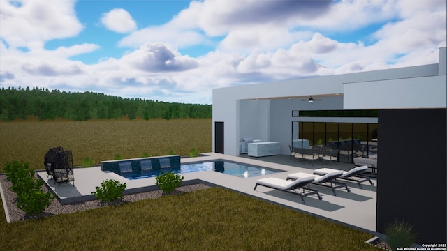 view of pool featuring a patio area, ceiling fan, a yard, and a hot tub