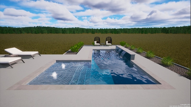 view of swimming pool featuring pool water feature, a patio, and a rural view