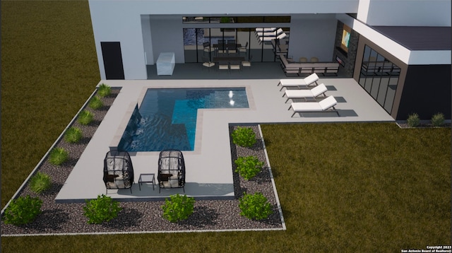 view of pool featuring a lawn, an outdoor living space, and a patio area