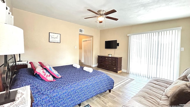 bedroom featuring ceiling fan and light wood-type flooring