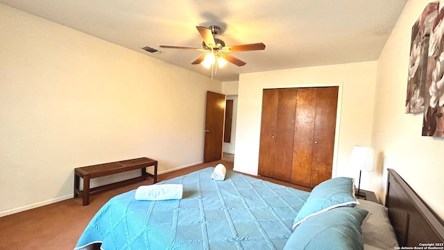 bedroom featuring a closet, ceiling fan, and carpet floors