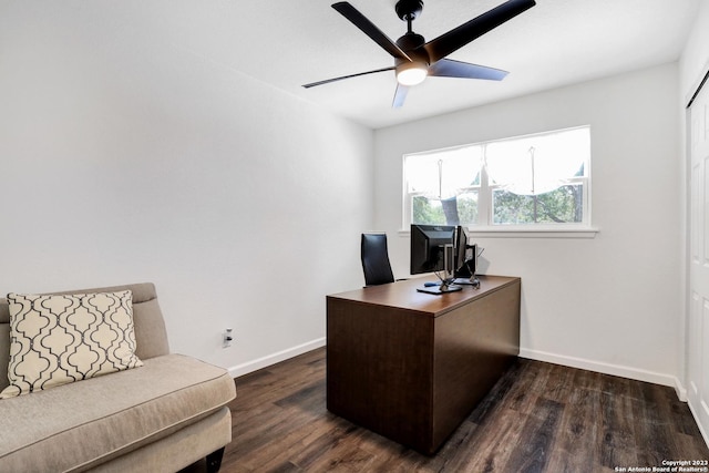 office with ceiling fan and dark hardwood / wood-style floors