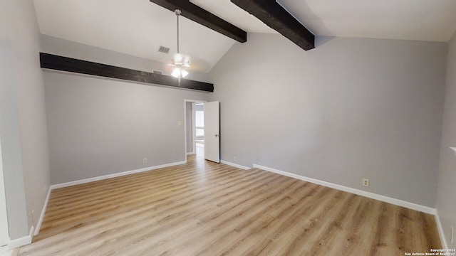 unfurnished room featuring ceiling fan, light hardwood / wood-style flooring, high vaulted ceiling, and beamed ceiling