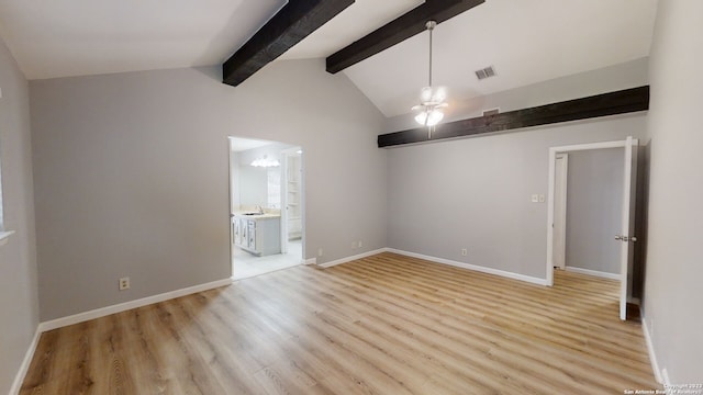 unfurnished room featuring lofted ceiling with beams and light hardwood / wood-style flooring