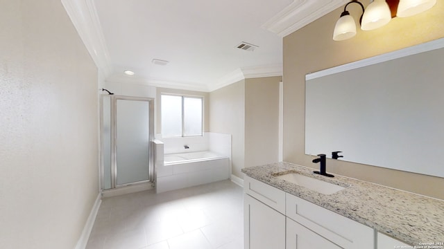 bathroom featuring vanity, ornamental molding, and shower with separate bathtub