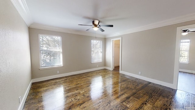 unfurnished room with ornamental molding, dark hardwood / wood-style floors, and ceiling fan