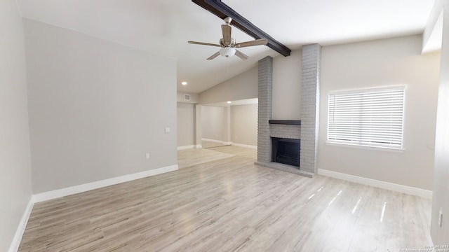 unfurnished living room featuring lofted ceiling with beams, ceiling fan, a fireplace, and light hardwood / wood-style floors