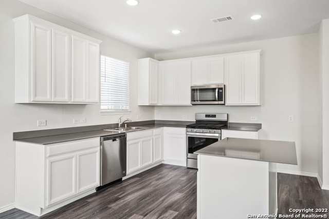 kitchen with sink, stainless steel appliances, white cabinetry, and dark hardwood / wood-style floors