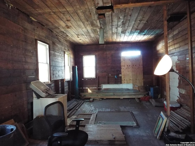 misc room featuring wooden walls and wooden ceiling