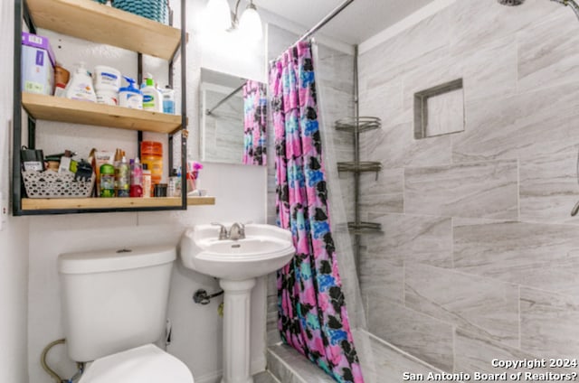 bathroom featuring a shower with curtain, toilet, and sink