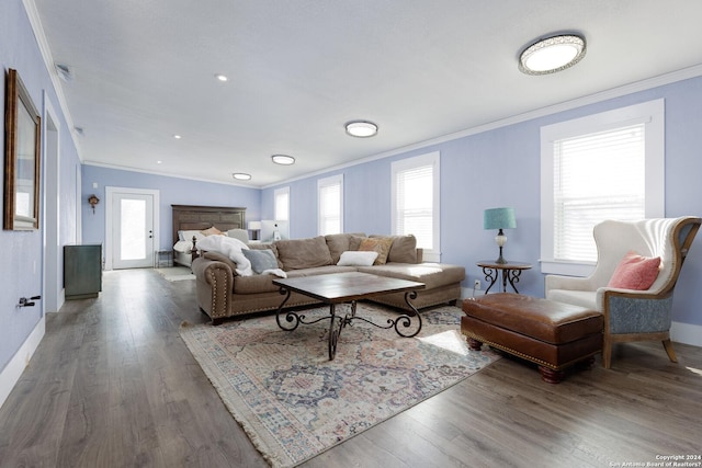 living room with dark hardwood / wood-style floors and ornamental molding