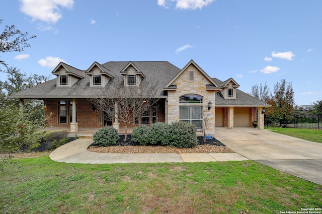 view of front of house with a front yard and a garage