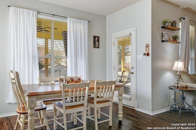 dining space featuring plenty of natural light and dark hardwood / wood-style flooring