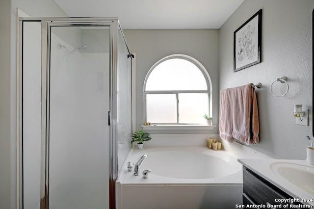 bathroom with vanity and independent shower and bath