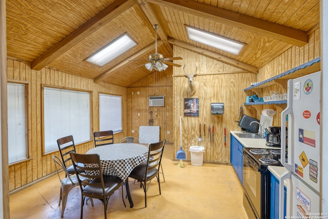 dining room featuring ceiling fan, wood walls, lofted ceiling with skylight, and wooden ceiling