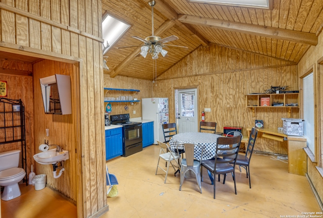 dining room with ceiling fan, wood walls, beamed ceiling, and wood ceiling