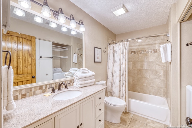 full bathroom featuring toilet, shower / bath combo with shower curtain, vanity, tile patterned floors, and a textured ceiling