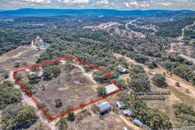 birds eye view of property featuring a mountain view