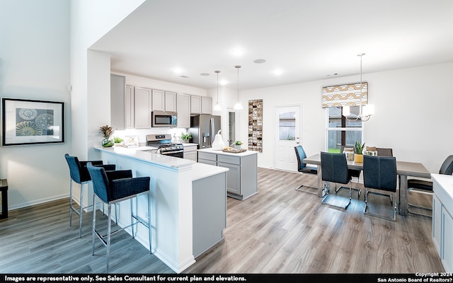 kitchen featuring pendant lighting, stainless steel appliances, and light wood-type flooring