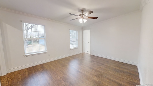 unfurnished room with ceiling fan, crown molding, and dark wood-type flooring