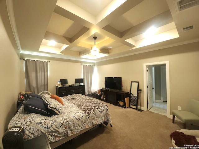 carpeted bedroom with coffered ceiling, ceiling fan, and beamed ceiling