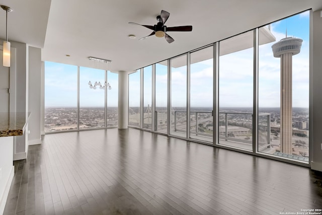 spare room with ceiling fan, expansive windows, and dark hardwood / wood-style floors