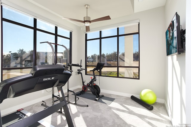 workout room with light carpet and ceiling fan