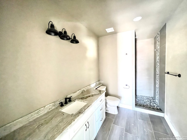 bathroom featuring toilet, vanity, and tiled shower