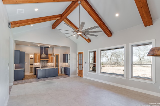 unfurnished living room with beamed ceiling, high vaulted ceiling, a wealth of natural light, and ceiling fan