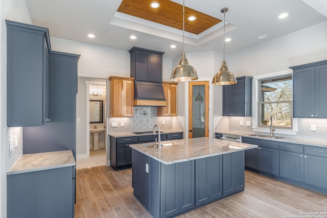 kitchen featuring light stone counters, a raised ceiling, sink, hardwood / wood-style flooring, and an island with sink