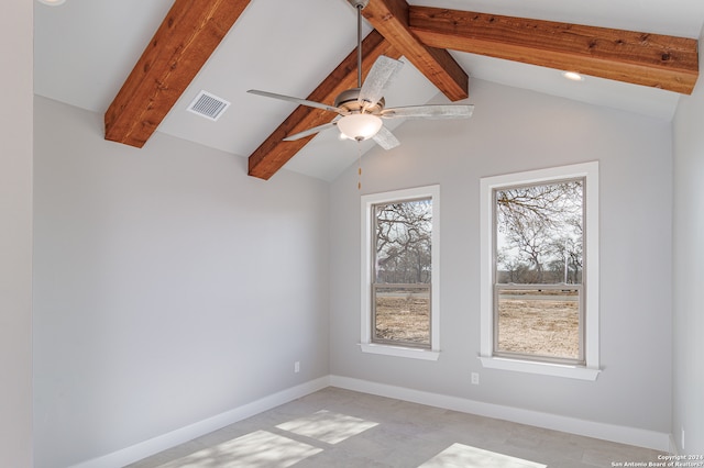 spare room featuring ceiling fan and lofted ceiling with beams