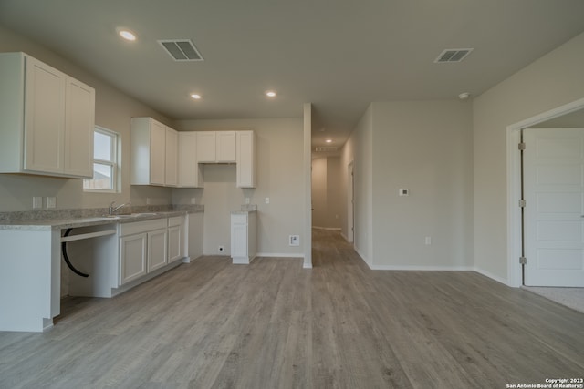 kitchen with white cabinetry, light stone countertops, stainless steel dishwasher, light hardwood / wood-style flooring, and sink