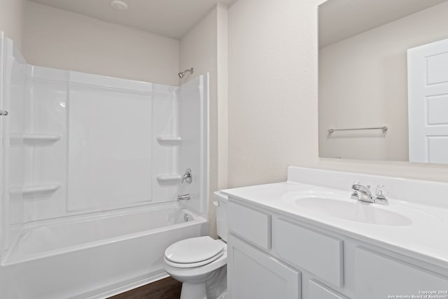 full bathroom featuring vanity, shower / bath combination, wood-type flooring, and toilet