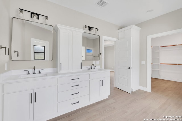 bathroom featuring wood-type flooring and double vanity