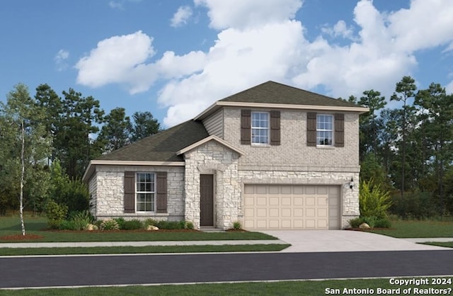 view of front of home with driveway, stone siding, an attached garage, and brick siding