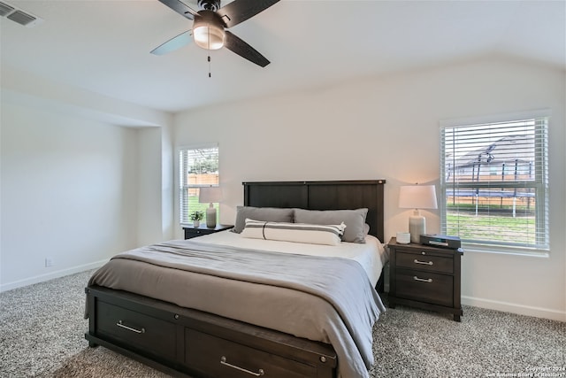 carpeted bedroom with lofted ceiling, ceiling fan, and multiple windows