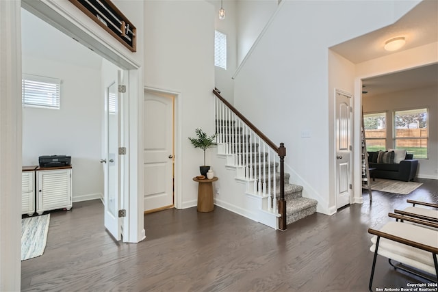 stairs featuring a towering ceiling and dark hardwood / wood-style flooring