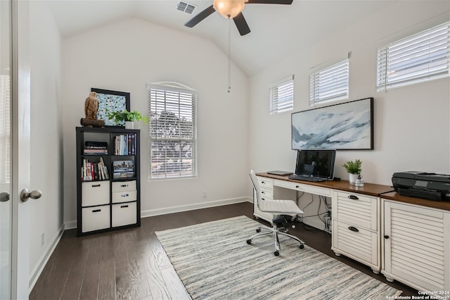 home office featuring dark hardwood / wood-style floors, ceiling fan, and lofted ceiling