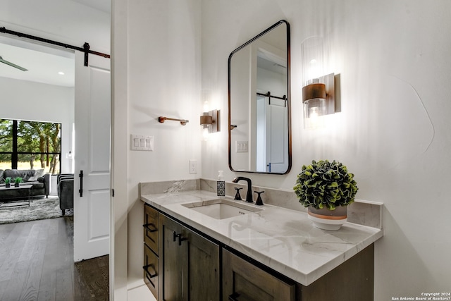 bathroom featuring hardwood / wood-style floors and vanity with extensive cabinet space