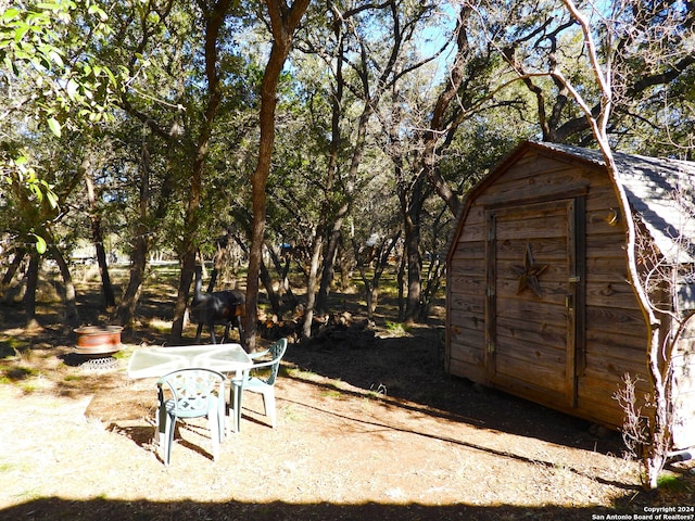 view of yard featuring a storage unit