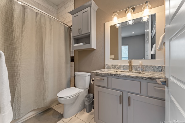 bathroom with tile floors, toilet, and vanity