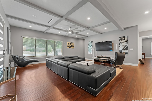 living room with dark hardwood / wood-style flooring, ceiling fan, beam ceiling, and coffered ceiling