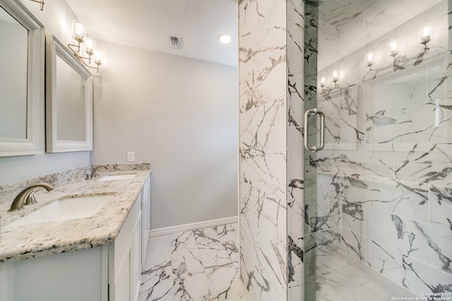 bathroom with dual bowl vanity, tile floors, and a shower with shower door