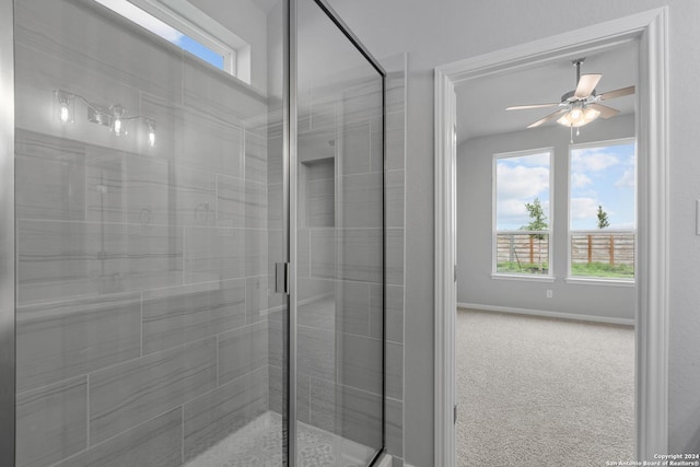 2015 Newforest Peak, New Braunfels, TX 78130 - full bathroom with a ceiling fan and a shower stall