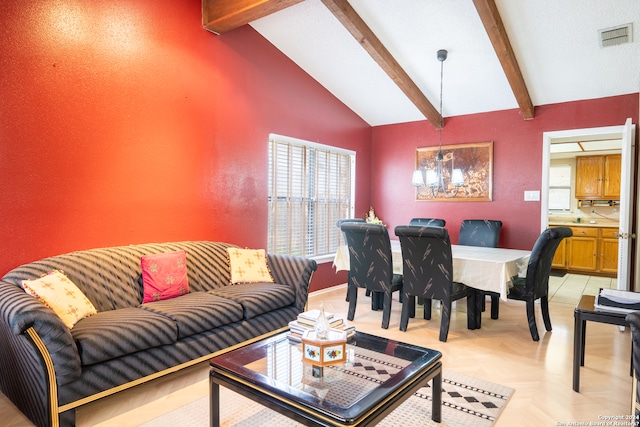 living room with high vaulted ceiling, light parquet flooring, and beam ceiling