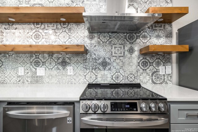 kitchen with wall chimney exhaust hood, gray cabinets, and appliances with stainless steel finishes