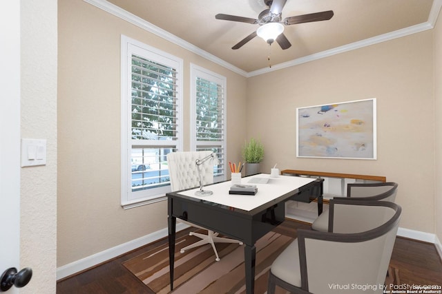 office featuring dark hardwood / wood-style floors, ornamental molding, and ceiling fan