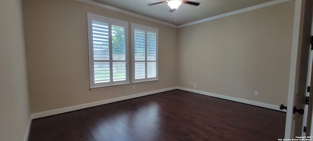 empty room featuring ceiling fan, crown molding, dark hardwood / wood-style floors, and a wealth of natural light